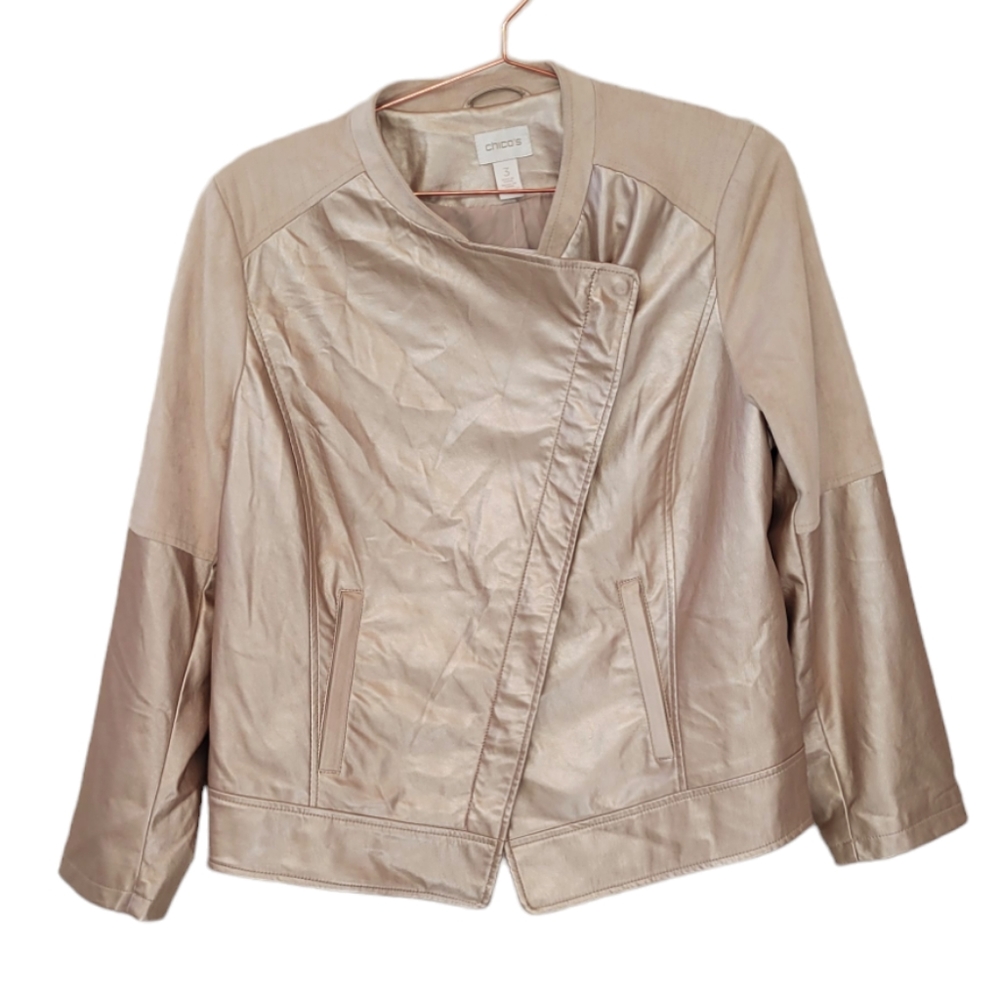 CHICO'S Champagne Faux Leather Moto Jacket Size 3 (XL)